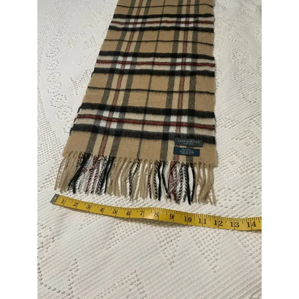 LYLE & SCOTT SCOTLAND Fringed Red Black Tartan Plaid Cashmere Scarf 60 x 12 in.